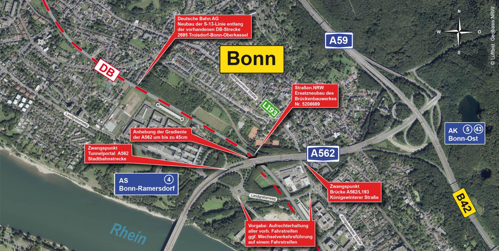 Zusehen ist eine Luftbildaufnahme des Abschnittes der A562 mit markierten Bauabschnitten